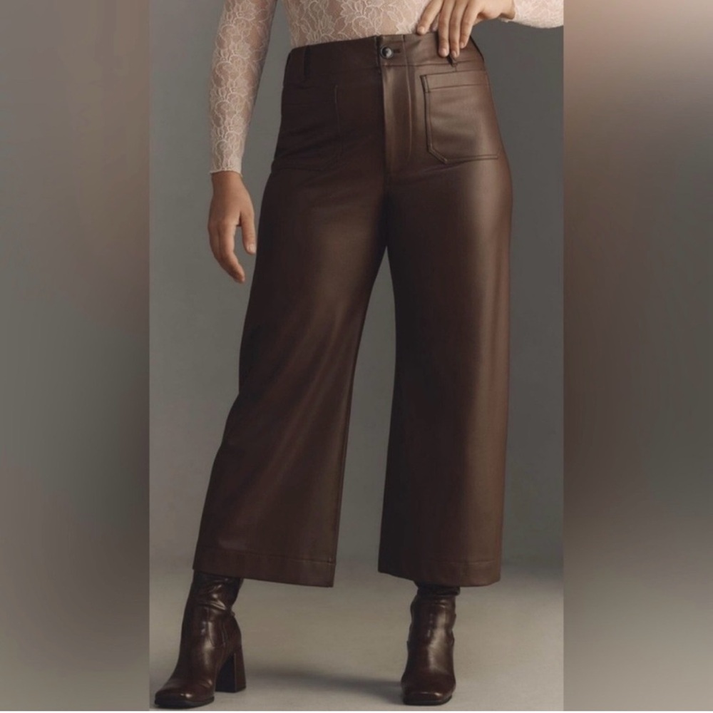 MAEVE Anthropologie 31 The COLETTE Chocolate Faux Vegan Leather Pants Wide Leg